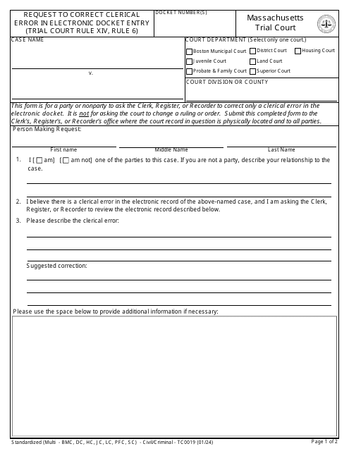 Form TC0019 Request to Correct Clerical Error in Electronic Docket Entry (Trial Court Rule XIV, Rule 6) - Massachusetts