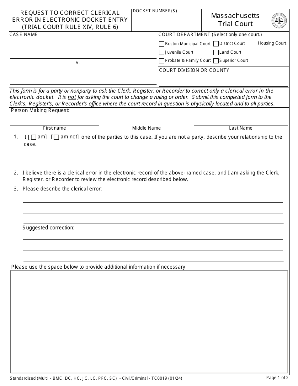 Form TC0019 Request to Correct Clerical Error in Electronic Docket Entry (Trial Court Rule XIV, Rule 6) - Massachusetts, Page 1