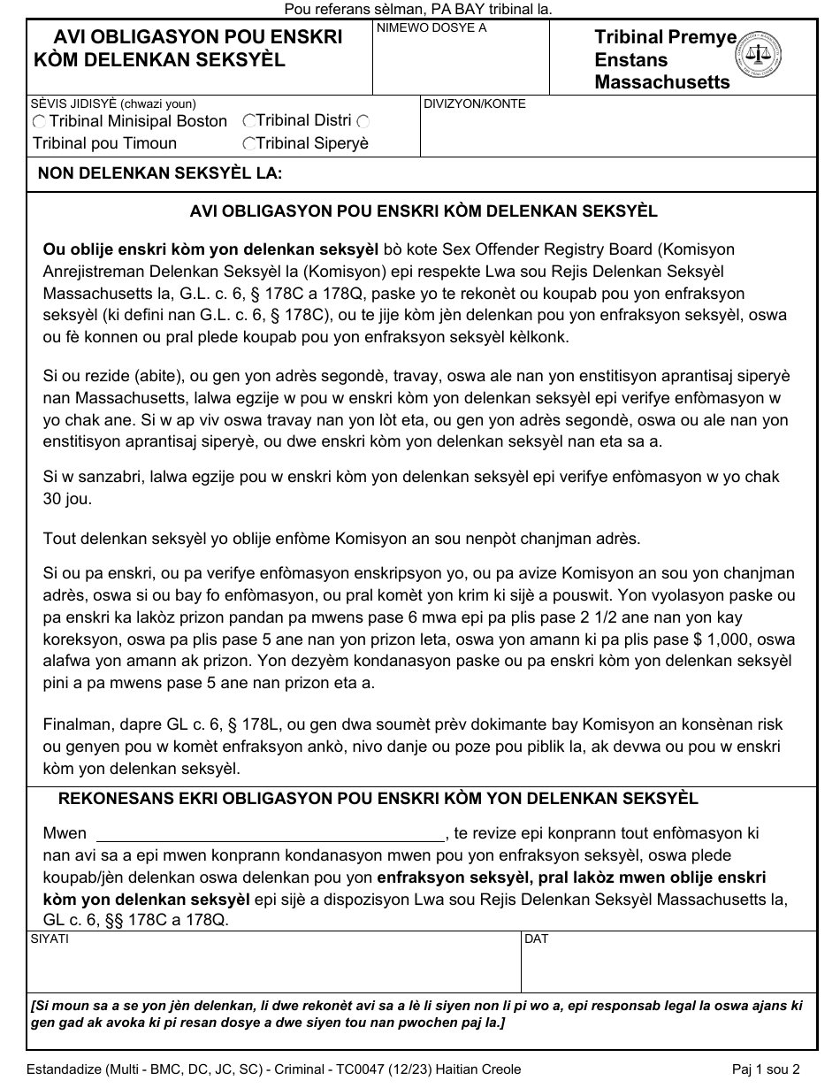 Form TC0047 Notice of the Requirement to Register as a Sex Offender - Massachusetts (Haitian Creole), Page 1