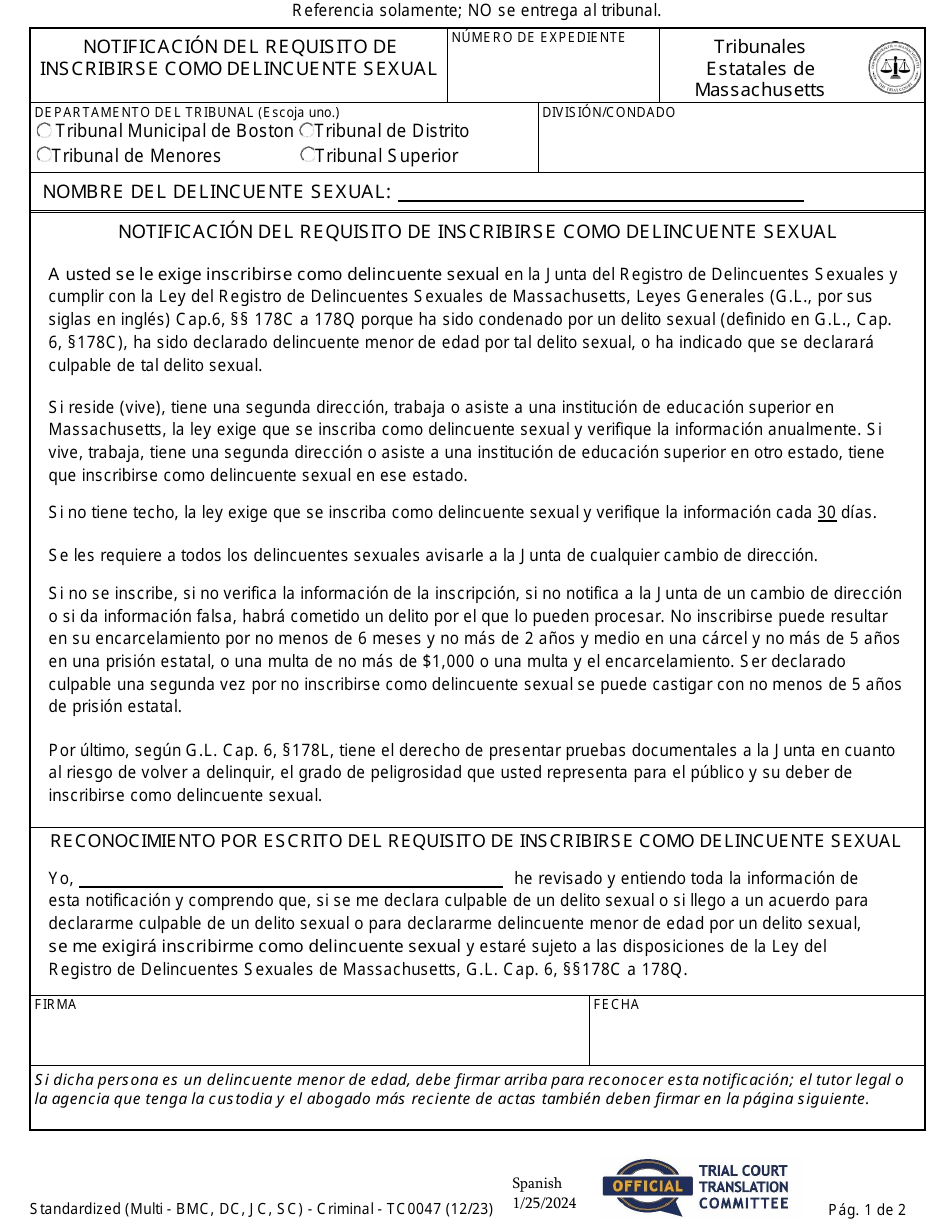 Formulario TC0047 Notificacion Del Requisito De Inscribirse Como Delincuente Sexual - Massachusetts (Spanish), Page 1