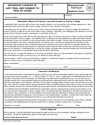Document preview: Defendant's Waiver of Jury Trial and Consent to Trial by Judge - Massachusetts