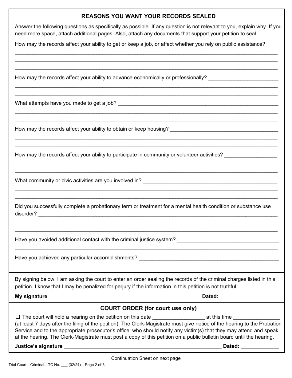 Petition to Seal Criminal Records for Nolle Prosequi or Dismissal - Massachusetts, Page 2