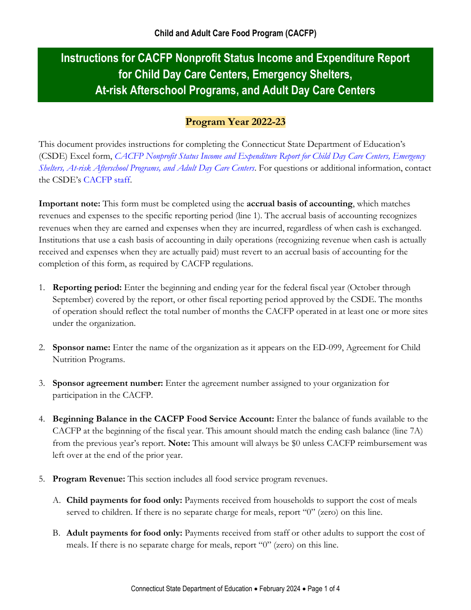Instructions for CACFP Nonprofit Status Income and Expenditure Report for Child Day Care Centers, Emergency Shelters, at-Risk Afterschool Programs, and Adult Day Care Centers - Connecticut, Page 1