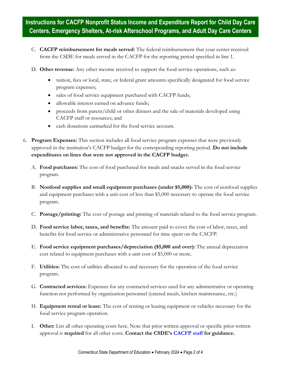 Instructions for CACFP Nonprofit Status Income and Expenditure Report for Child Day Care Centers, Emergency Shelters, at-Risk Afterschool Programs, and Adult Day Care Centers - Connecticut, Page 2