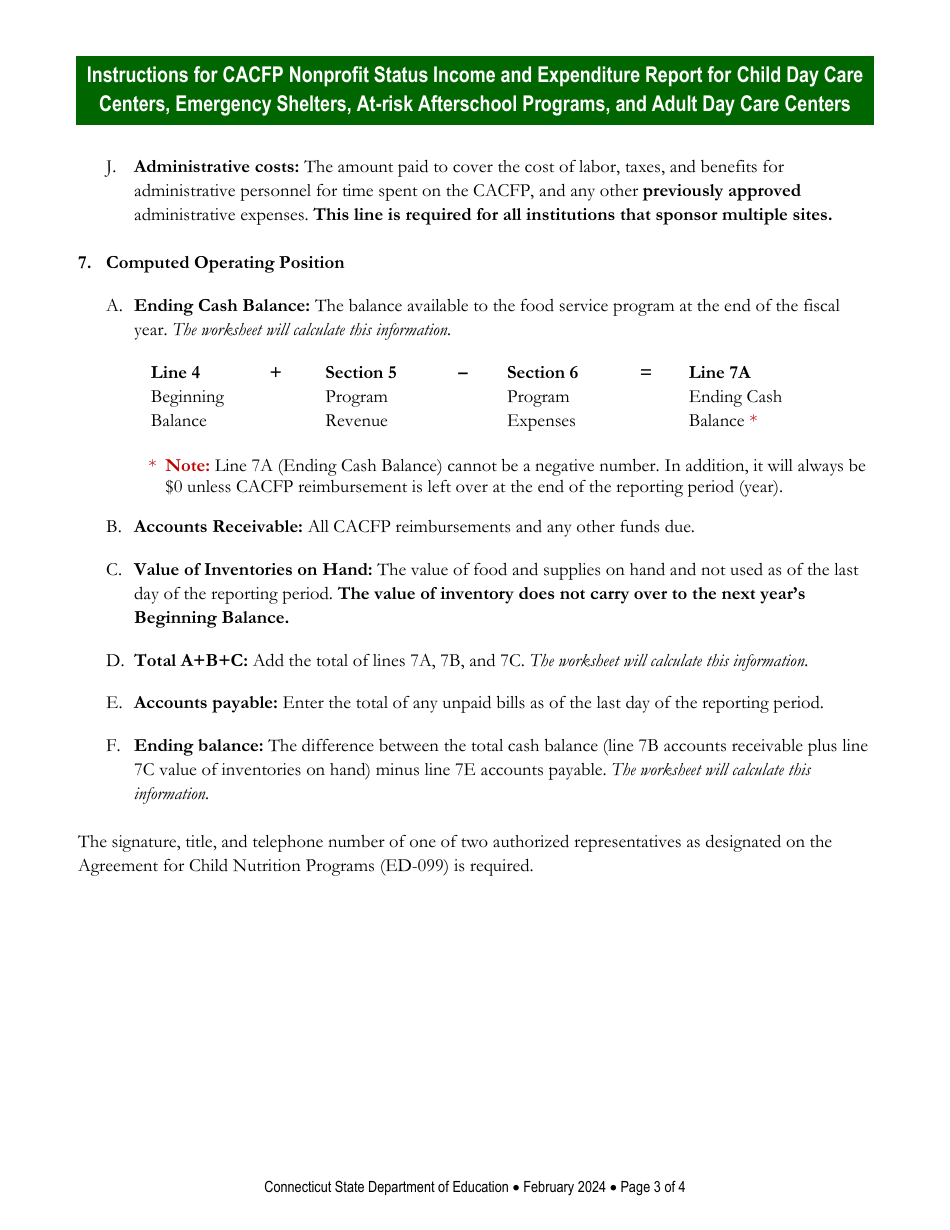 Instructions for CACFP Nonprofit Status Income and Expenditure Report for Child Day Care Centers, Emergency Shelters, at-Risk Afterschool Programs, and Adult Day Care Centers - Connecticut, Page 3