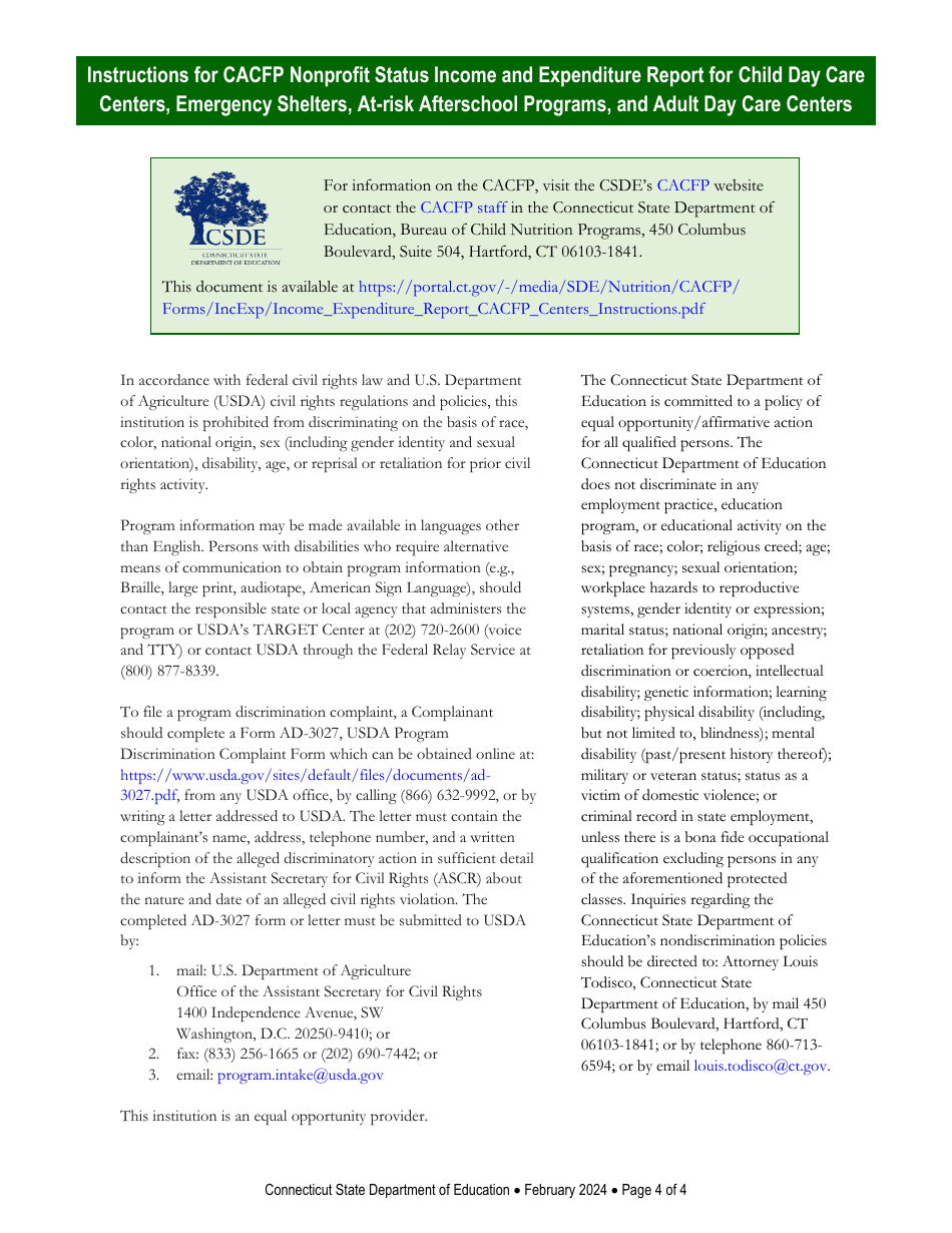 Instructions for CACFP Nonprofit Status Income and Expenditure Report for Child Day Care Centers, Emergency Shelters, at-Risk Afterschool Programs, and Adult Day Care Centers - Connecticut, Page 4