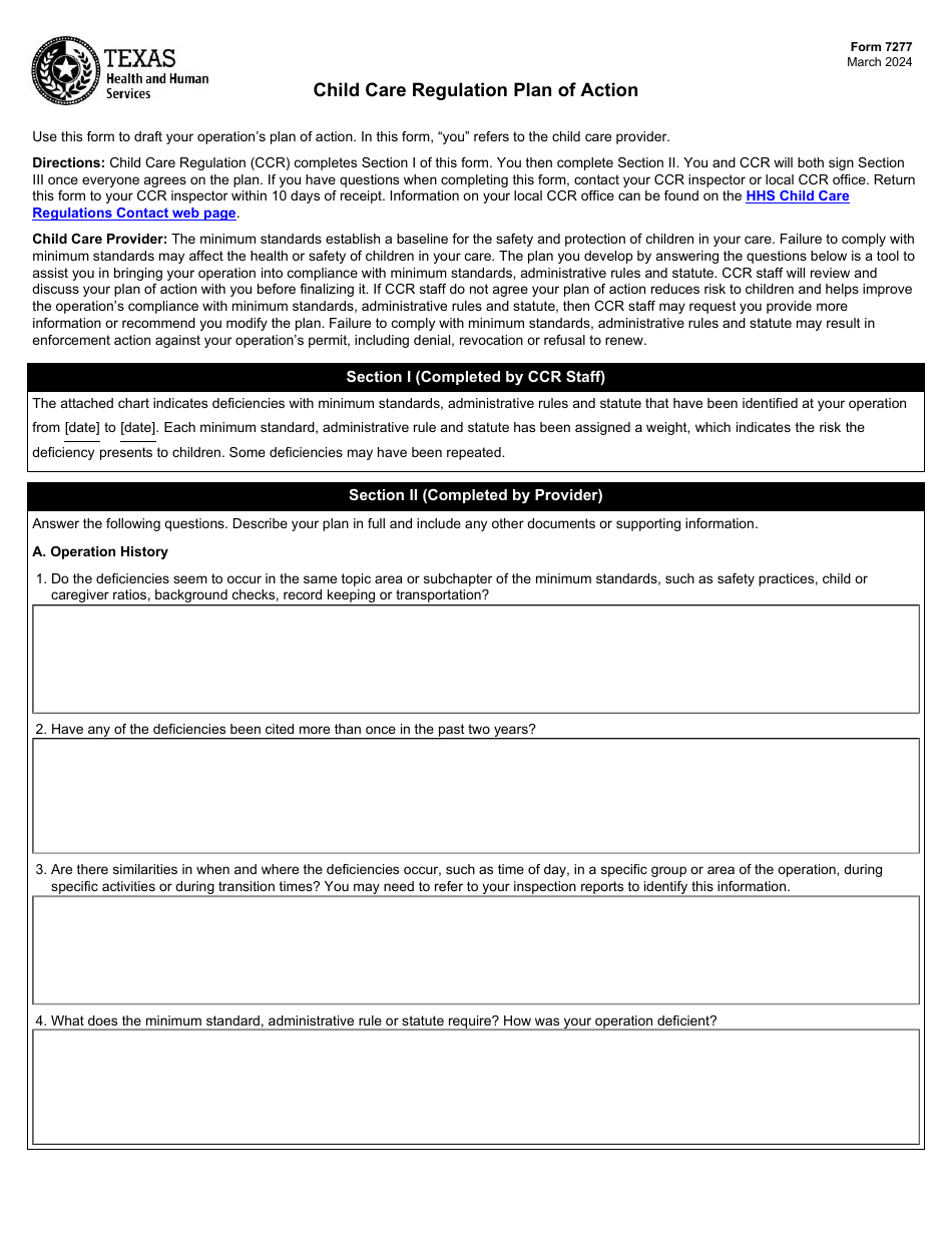 Form 7277 Child Care Regulation Plan of Action - Texas, Page 1