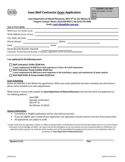 DNR Form 542-1433 Iowa Well Contractor Exam Application - Iowa