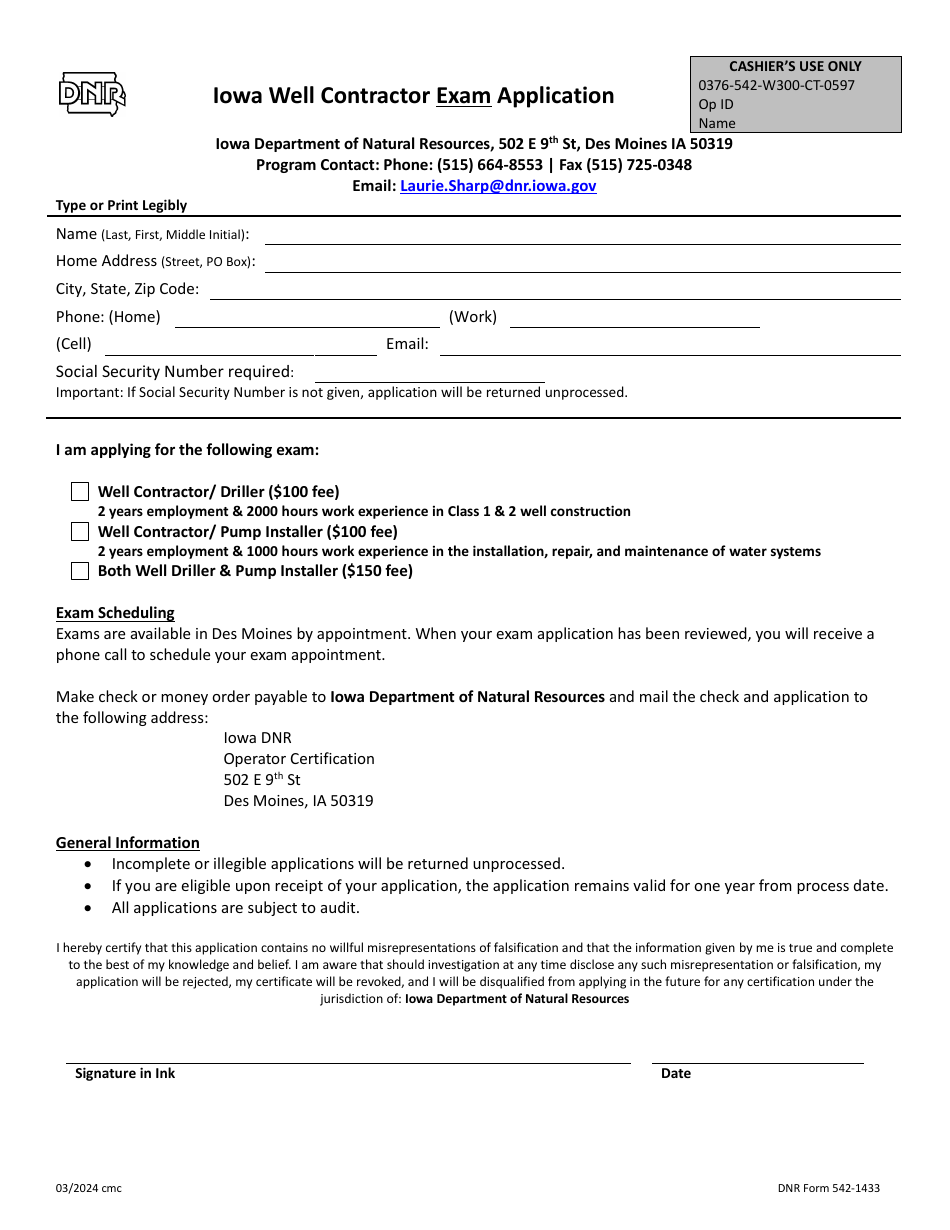 DNR Form 542-1433 Iowa Well Contractor Exam Application - Iowa, Page 1