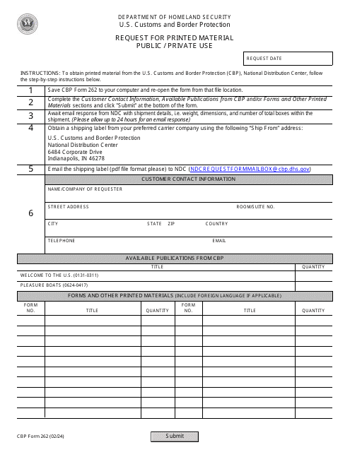 CBP Form 262 Request for Printed Material - Public/Private Use