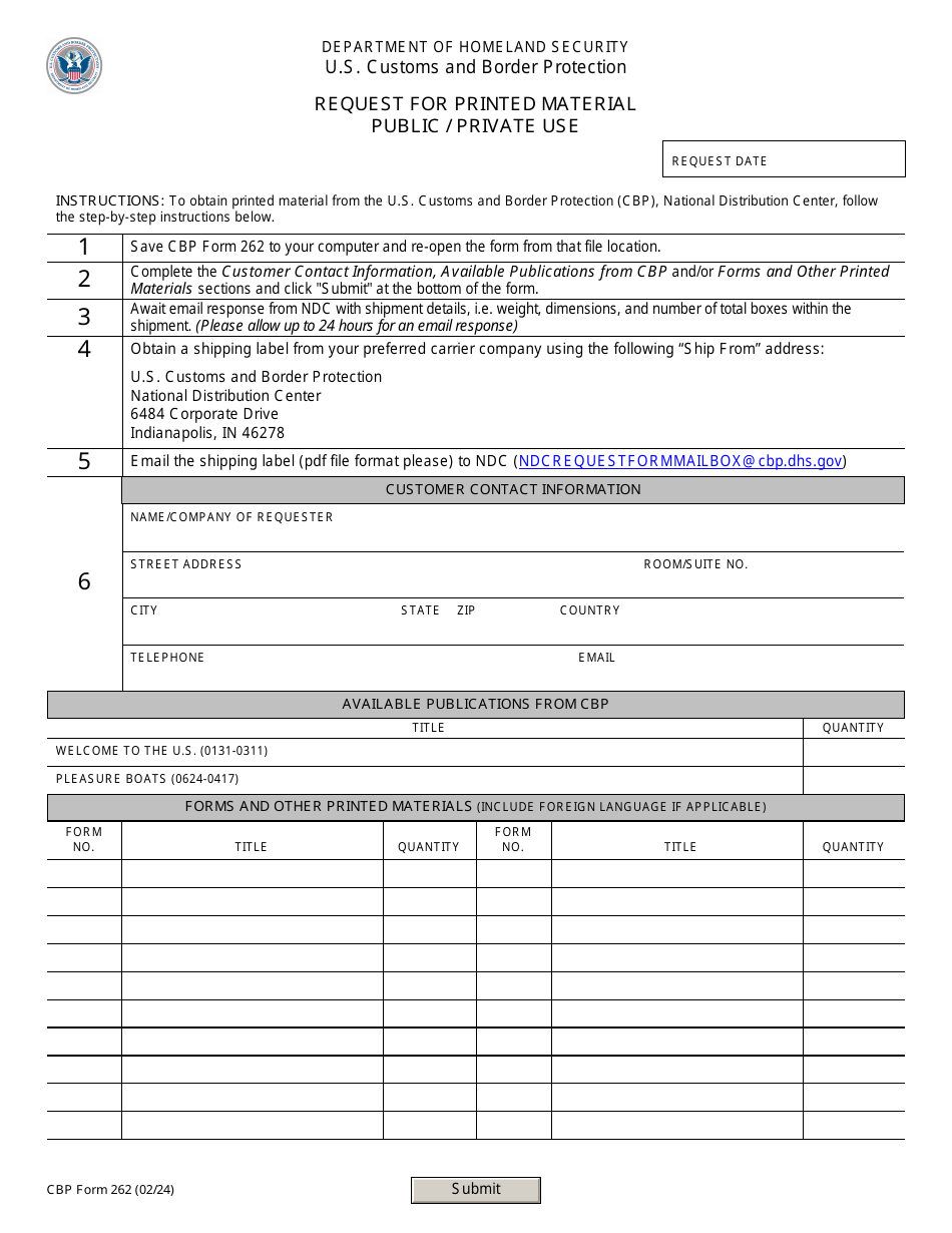 CBP Form 262 Request for Printed Material - Public / Private Use, Page 1