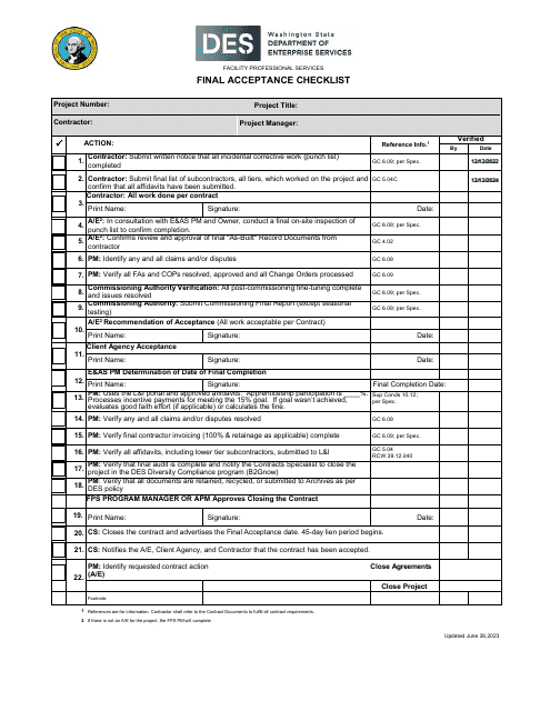Final Acceptance Checklist - Washington