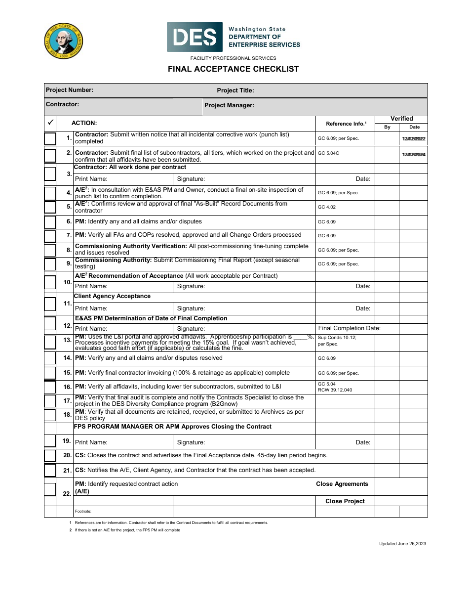 Final Acceptance Checklist - Washington, Page 1