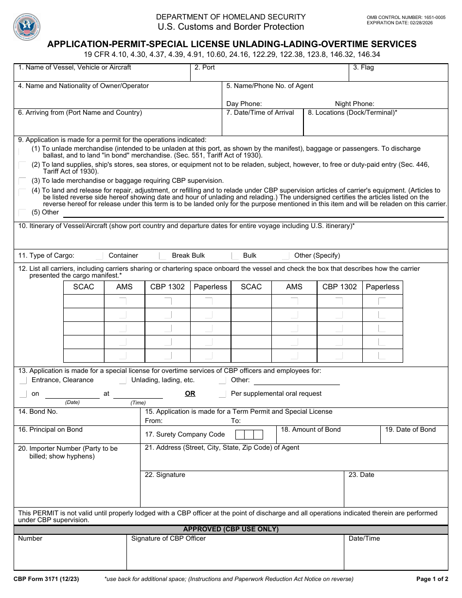 CBP Form 3171 Application-Permit-Special License Unlading-Lading-Overtime Services, Page 1