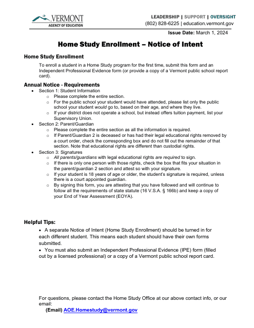 Home Study Enrollment - Notice of Intent - Vermont