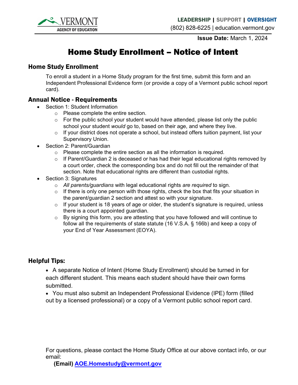Home Study Enrollment - Notice of Intent - Vermont, Page 1