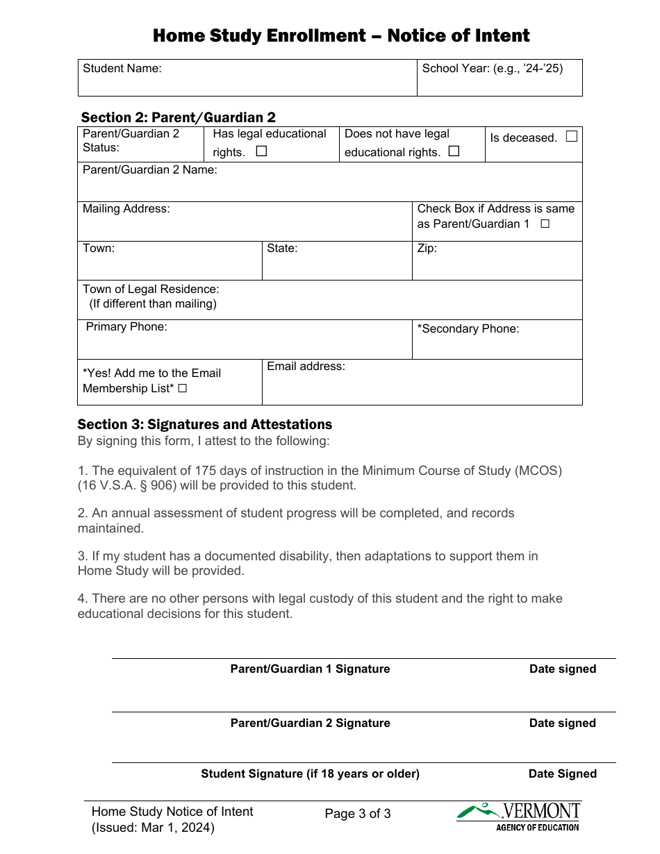 Home Study Enrollment - Notice of Intent - Vermont, Page 3