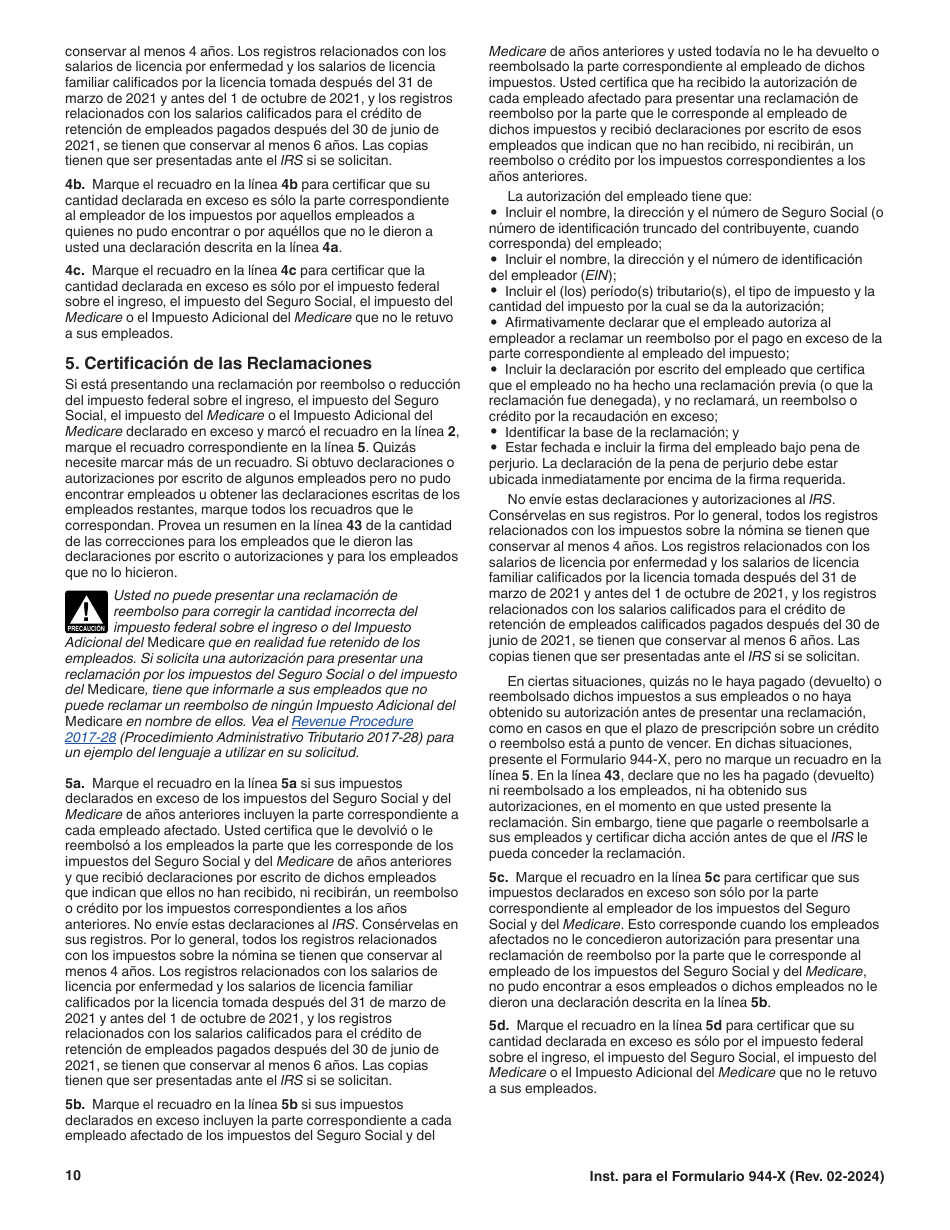 Instrucciones para IRS Formulario 944-X (SP) Ajuste a La Declaracion Del Impuesto Federal Anual Del Empleador O Reclamacion De Reembolso (Spanish), Page 10