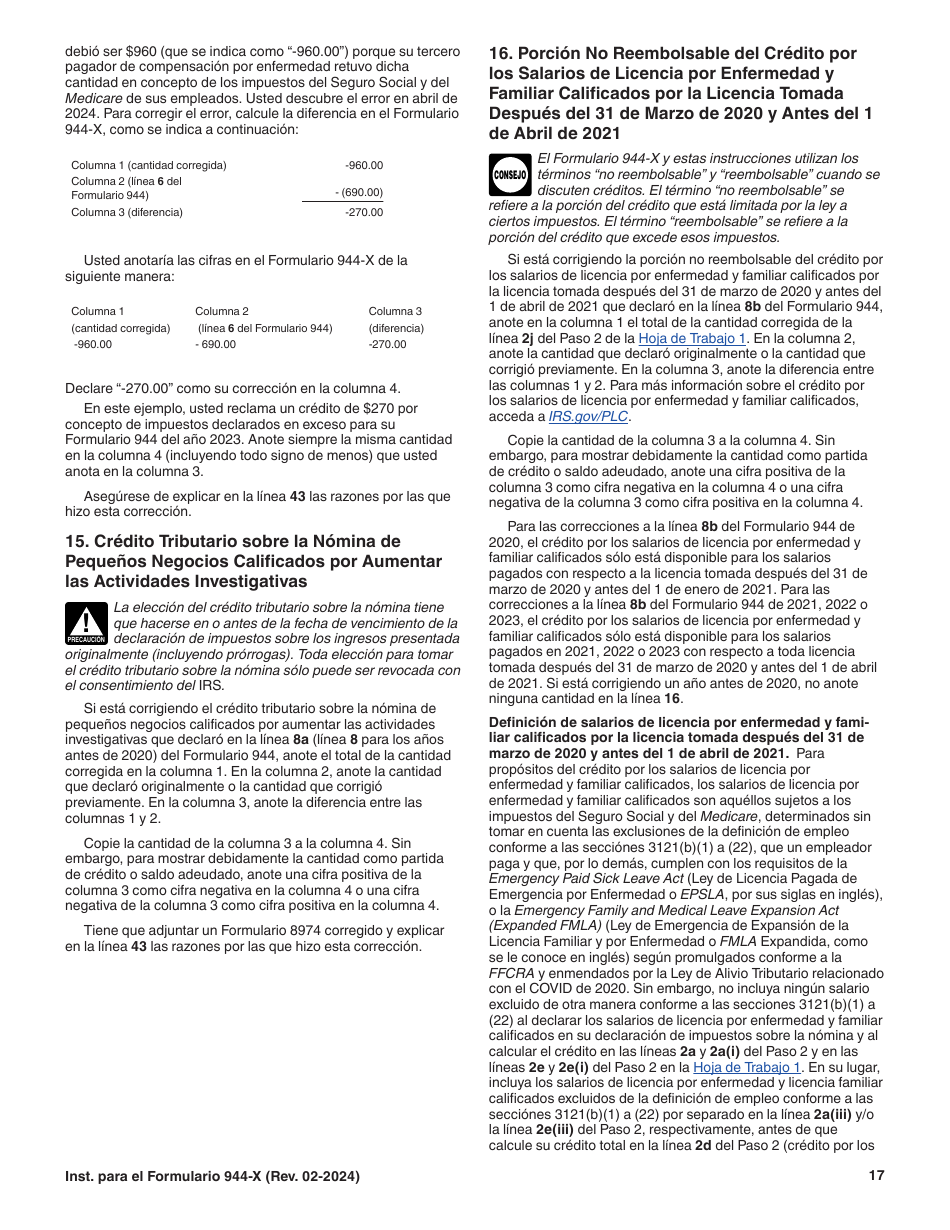 Instrucciones para IRS Formulario 944-X (SP) Ajuste a La Declaracion Del Impuesto Federal Anual Del Empleador O Reclamacion De Reembolso (Spanish), Page 17