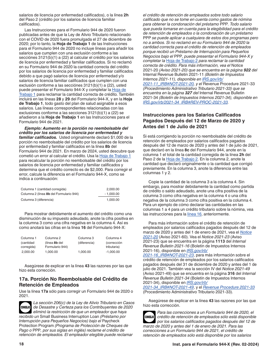 Instrucciones para IRS Formulario 944-X (SP) Ajuste a La Declaracion Del Impuesto Federal Anual Del Empleador O Reclamacion De Reembolso (Spanish), Page 18