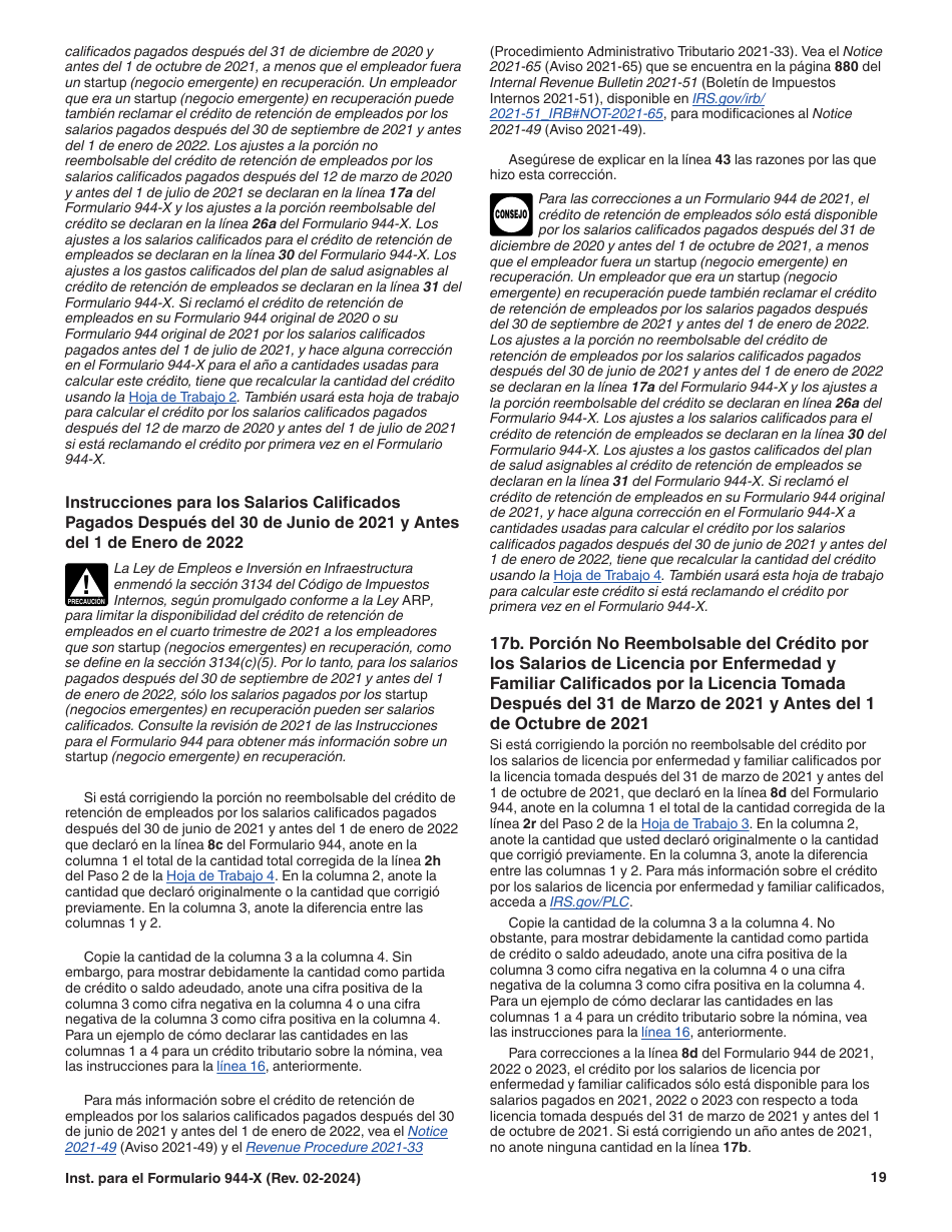 Instrucciones para IRS Formulario 944-X (SP) Ajuste a La Declaracion Del Impuesto Federal Anual Del Empleador O Reclamacion De Reembolso (Spanish), Page 19