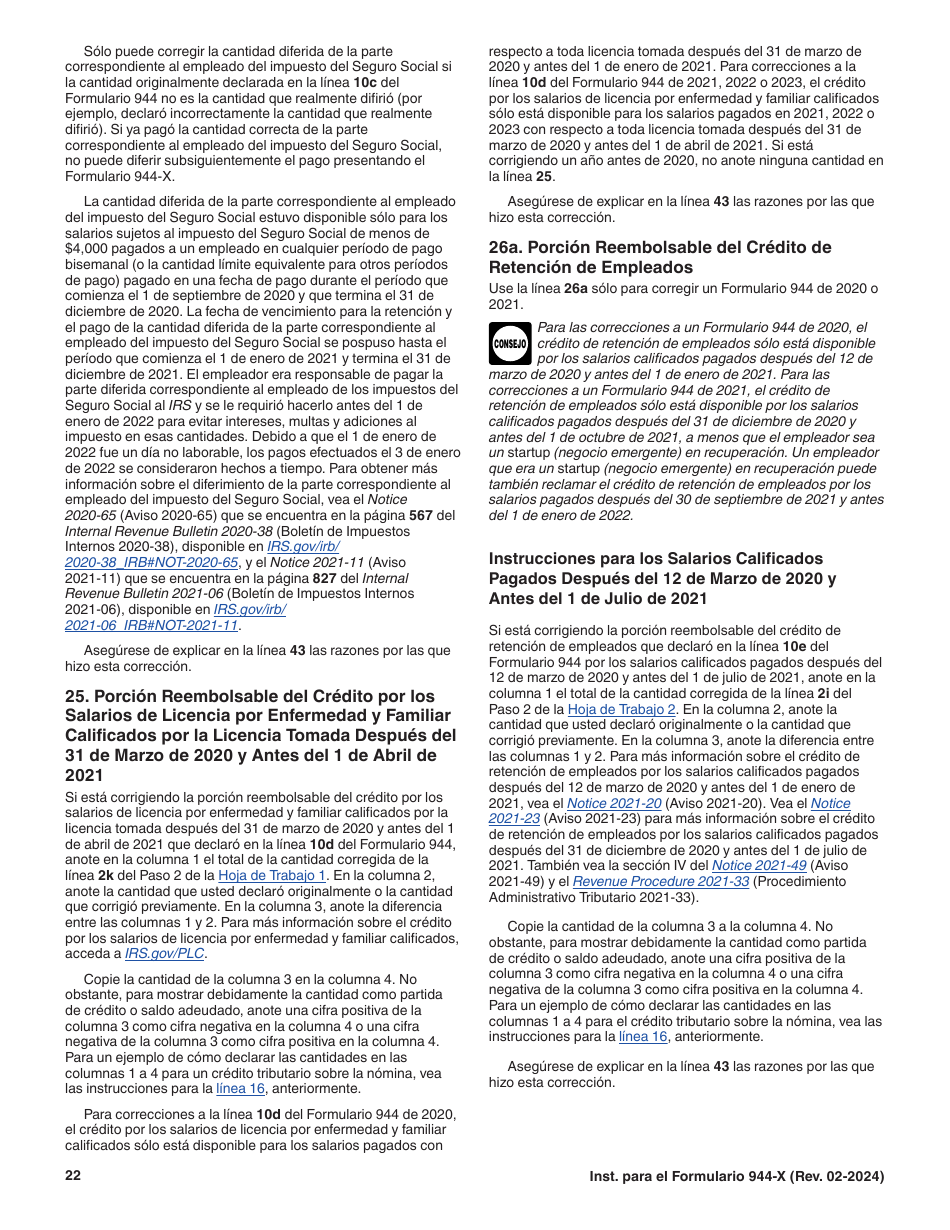 Instrucciones para IRS Formulario 944-X (SP) Ajuste a La Declaracion Del Impuesto Federal Anual Del Empleador O Reclamacion De Reembolso (Spanish), Page 22
