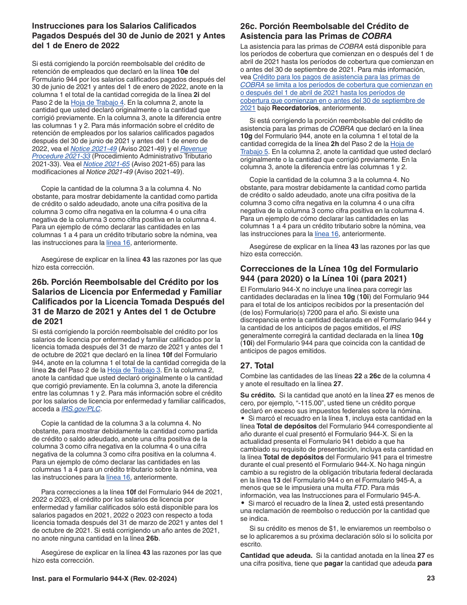 Instrucciones para IRS Formulario 944-X (SP) Ajuste a La Declaracion Del Impuesto Federal Anual Del Empleador O Reclamacion De Reembolso (Spanish), Page 23