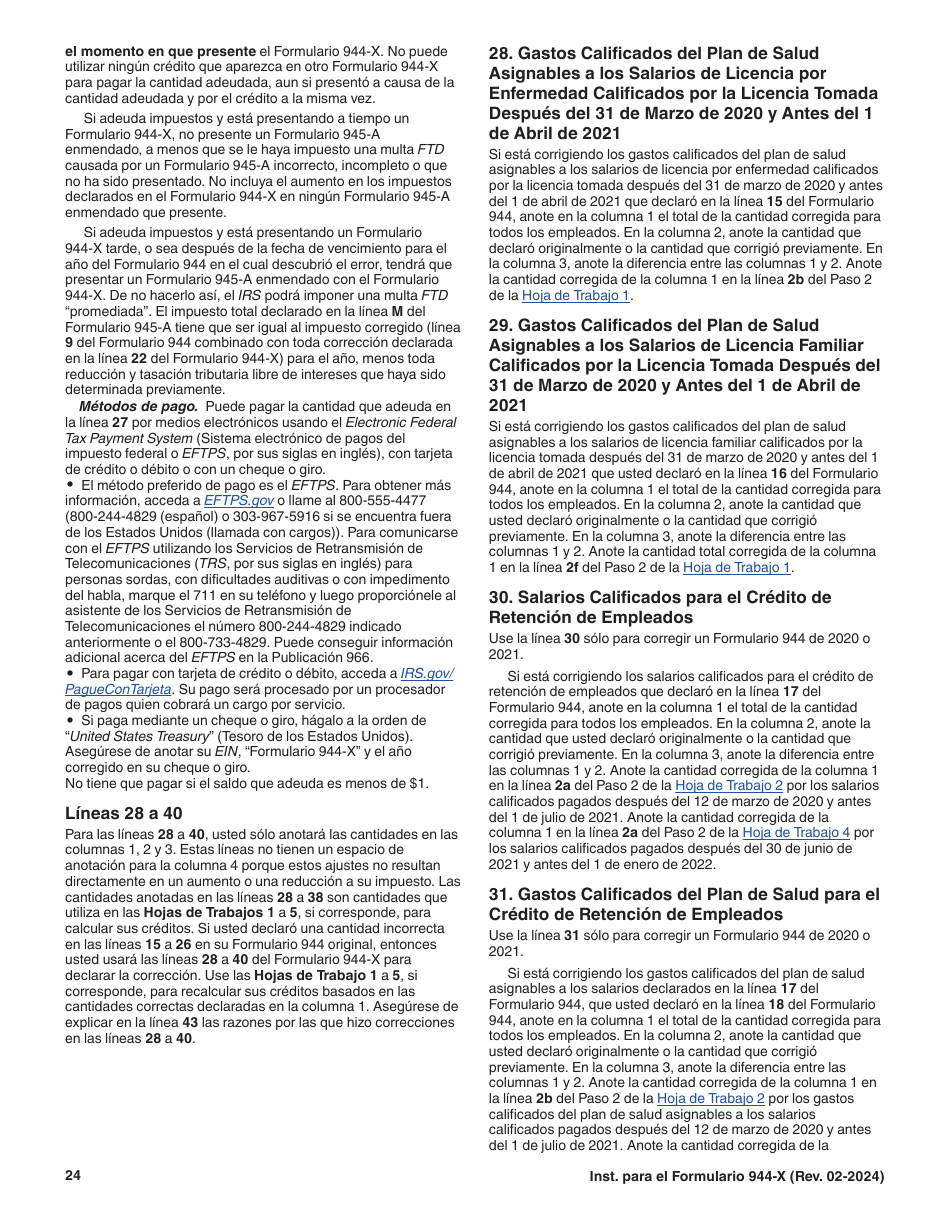 Instrucciones para IRS Formulario 944-X (SP) Ajuste a La Declaracion Del Impuesto Federal Anual Del Empleador O Reclamacion De Reembolso (Spanish), Page 24