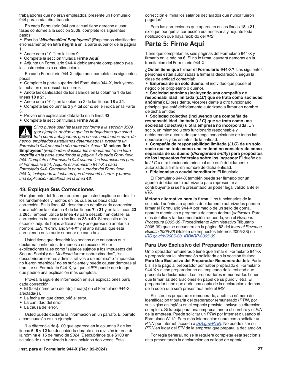 Instrucciones para IRS Formulario 944-X (SP) Ajuste a La Declaracion Del Impuesto Federal Anual Del Empleador O Reclamacion De Reembolso (Spanish), Page 27