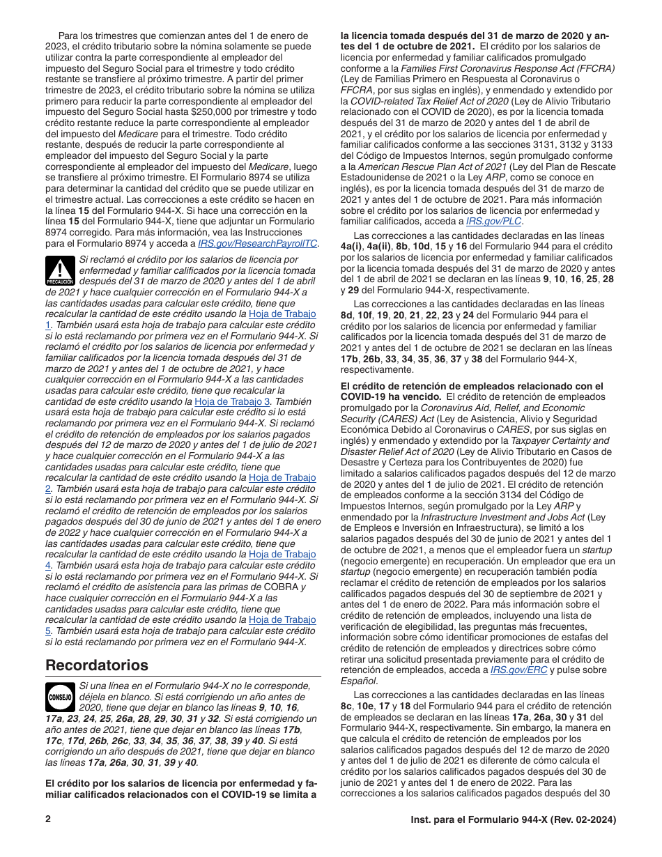 Instrucciones para IRS Formulario 944-X (SP) Ajuste a La Declaracion Del Impuesto Federal Anual Del Empleador O Reclamacion De Reembolso (Spanish), Page 2
