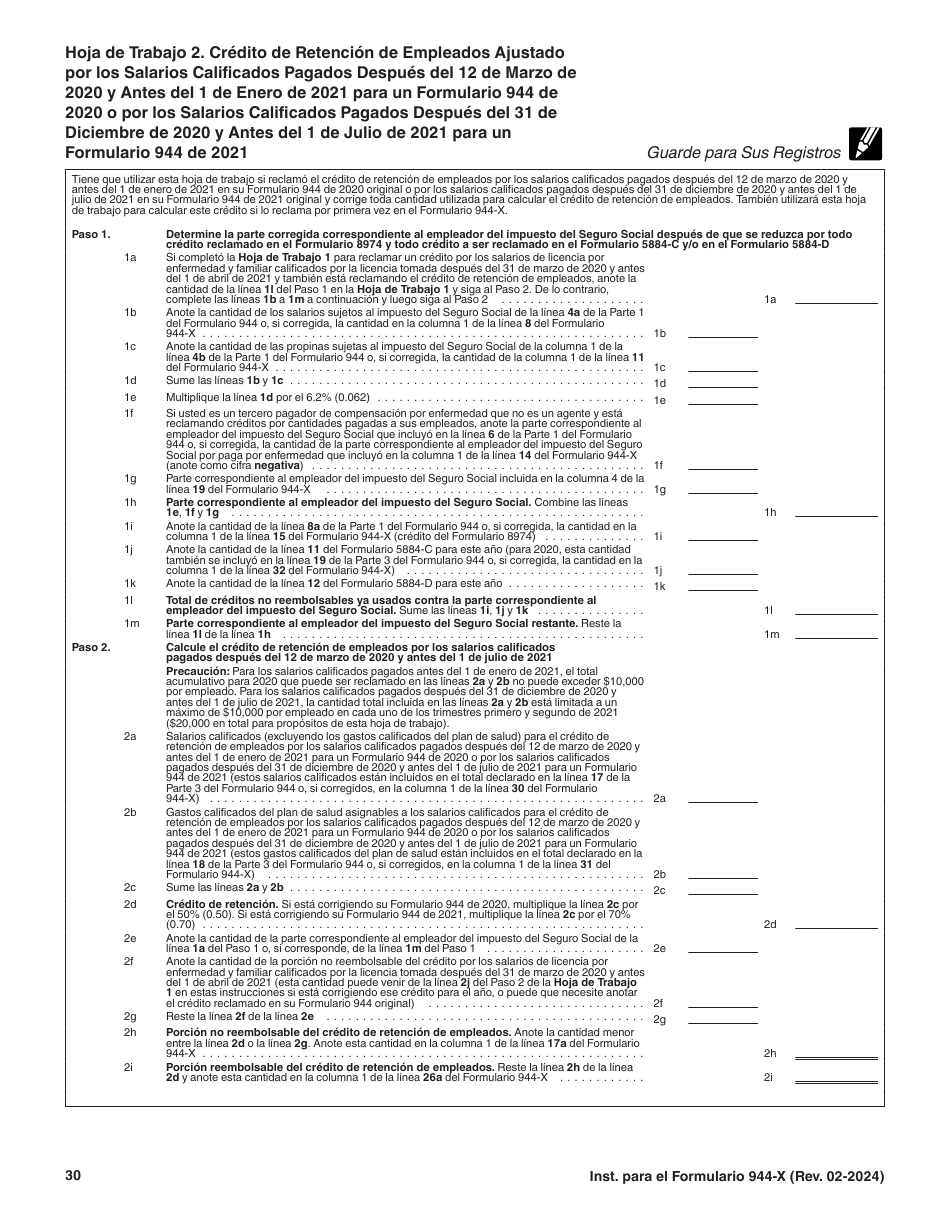 Instrucciones para IRS Formulario 944-X (SP) Ajuste a La Declaracion Del Impuesto Federal Anual Del Empleador O Reclamacion De Reembolso (Spanish), Page 30