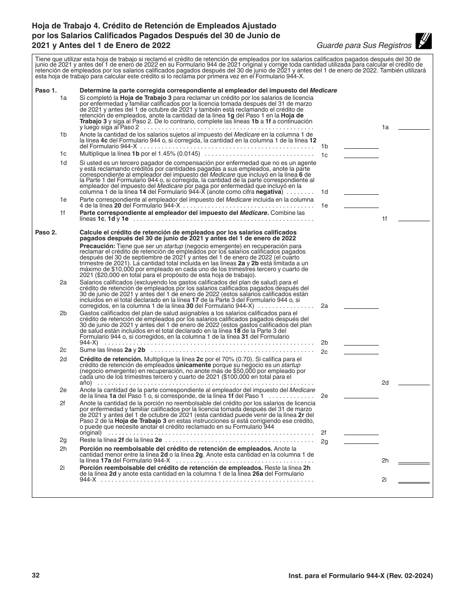 Instrucciones para IRS Formulario 944-X (SP) Ajuste a La Declaracion Del Impuesto Federal Anual Del Empleador O Reclamacion De Reembolso (Spanish), Page 32