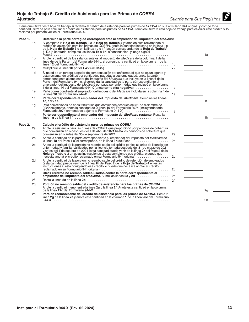 Instrucciones para IRS Formulario 944-X (SP) Ajuste a La Declaracion Del Impuesto Federal Anual Del Empleador O Reclamacion De Reembolso (Spanish), Page 33