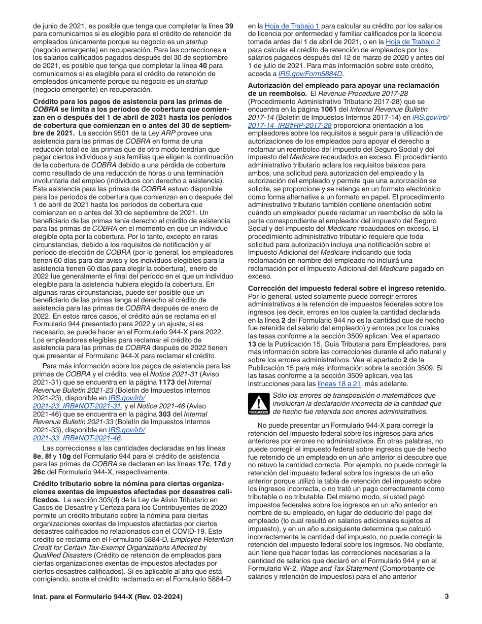 Instrucciones para IRS Formulario 944-X (SP) Ajuste a La Declaracion Del Impuesto Federal Anual Del Empleador O Reclamacion De Reembolso (Spanish), Page 3