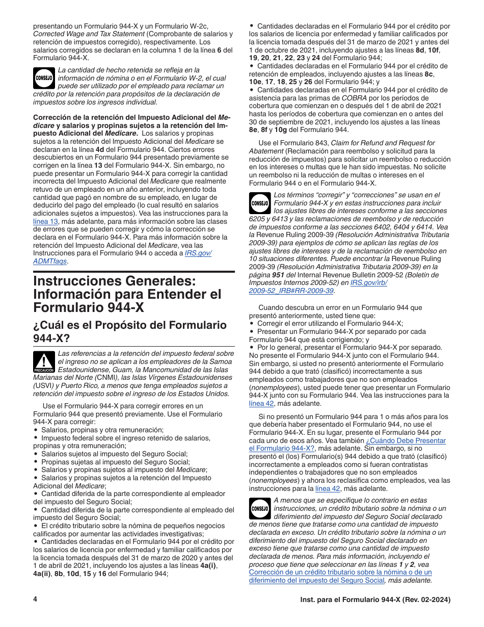 Instrucciones para IRS Formulario 944-X (SP) Ajuste a La Declaracion Del Impuesto Federal Anual Del Empleador O Reclamacion De Reembolso (Spanish), Page 4