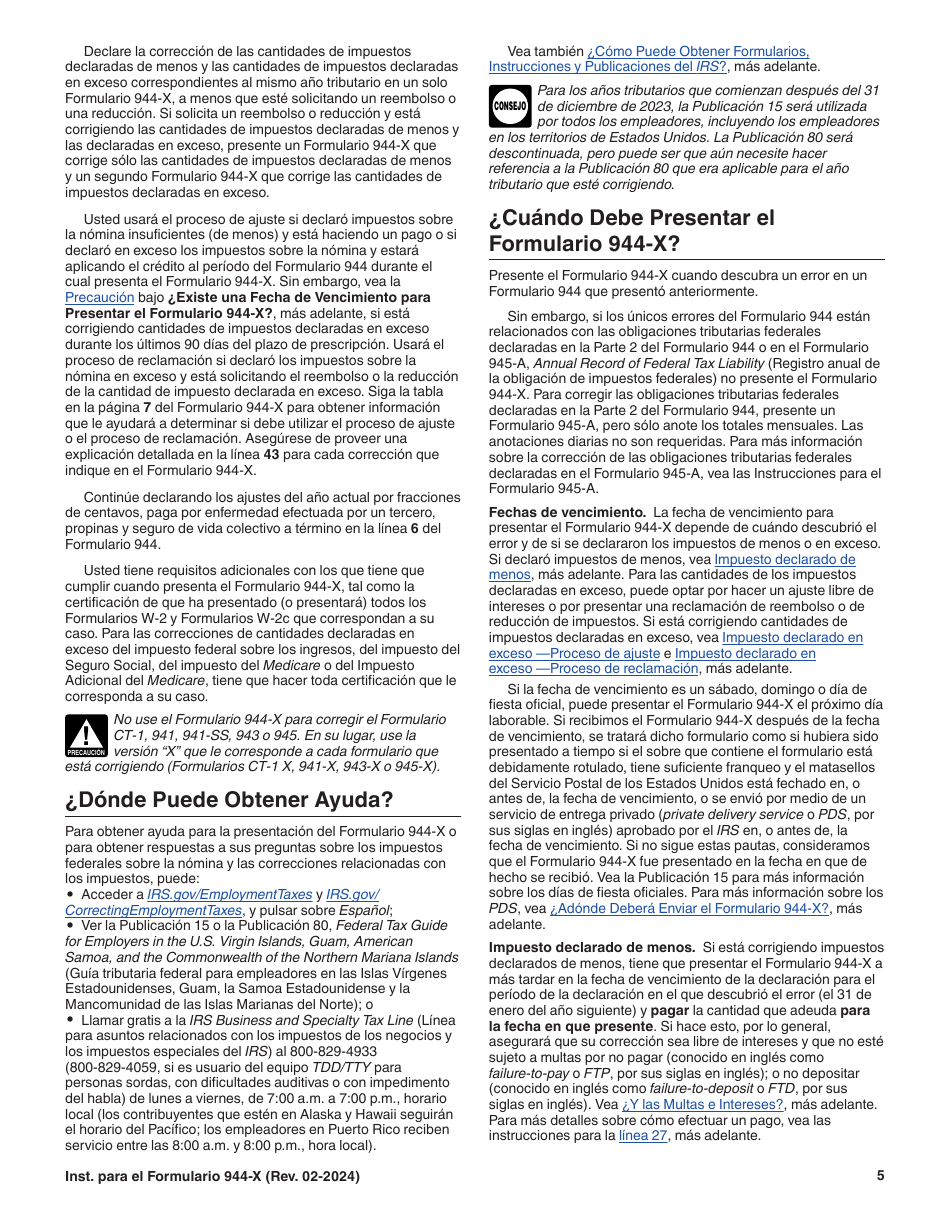 Instrucciones para IRS Formulario 944-X (SP) Ajuste a La Declaracion Del Impuesto Federal Anual Del Empleador O Reclamacion De Reembolso (Spanish), Page 5