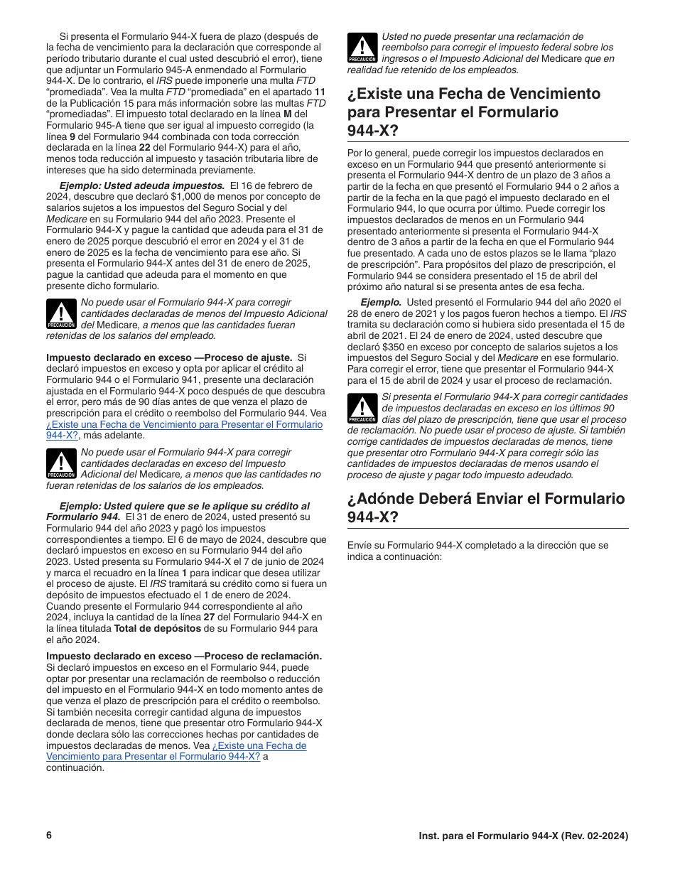 Instrucciones para IRS Formulario 944-X (SP) Ajuste a La Declaracion Del Impuesto Federal Anual Del Empleador O Reclamacion De Reembolso (Spanish), Page 6