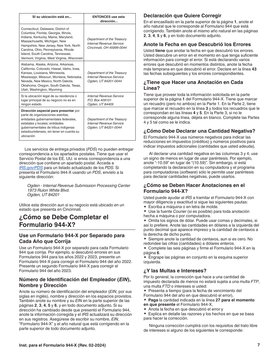 Instrucciones para IRS Formulario 944-X (SP) Ajuste a La Declaracion Del Impuesto Federal Anual Del Empleador O Reclamacion De Reembolso (Spanish), Page 7