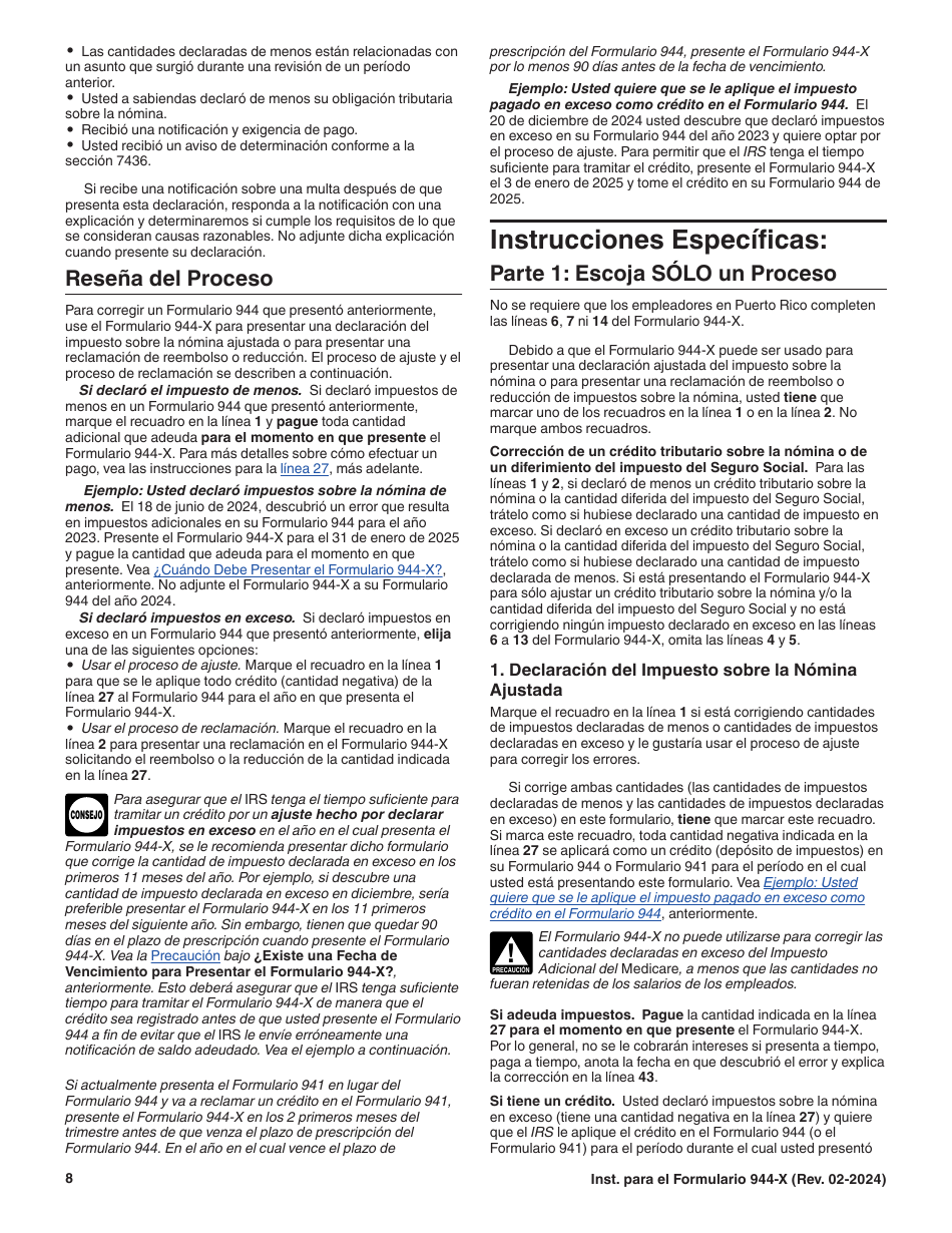 Instrucciones para IRS Formulario 944-X (SP) Ajuste a La Declaracion Del Impuesto Federal Anual Del Empleador O Reclamacion De Reembolso (Spanish), Page 8