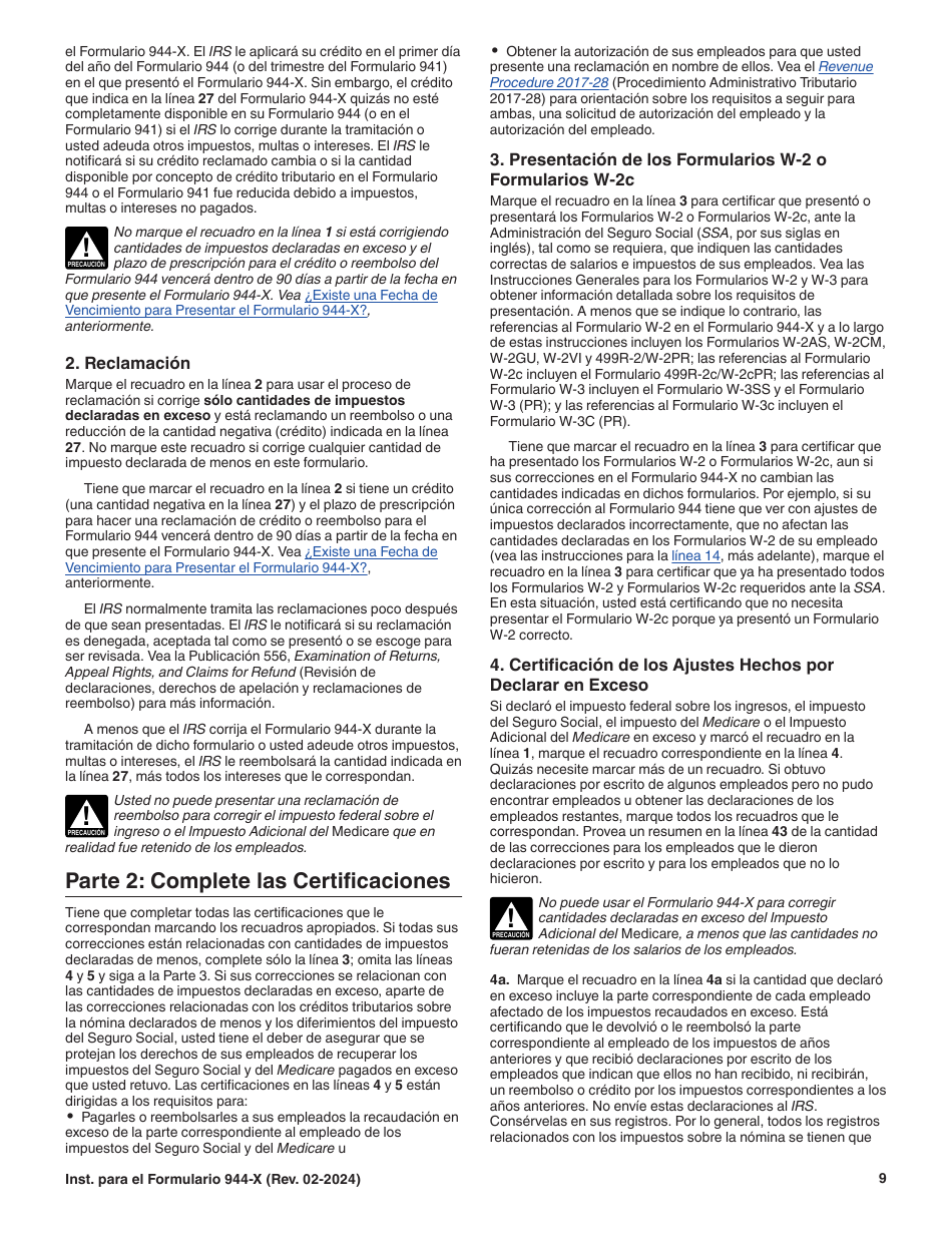 Instrucciones para IRS Formulario 944-X (SP) Ajuste a La Declaracion Del Impuesto Federal Anual Del Empleador O Reclamacion De Reembolso (Spanish), Page 9