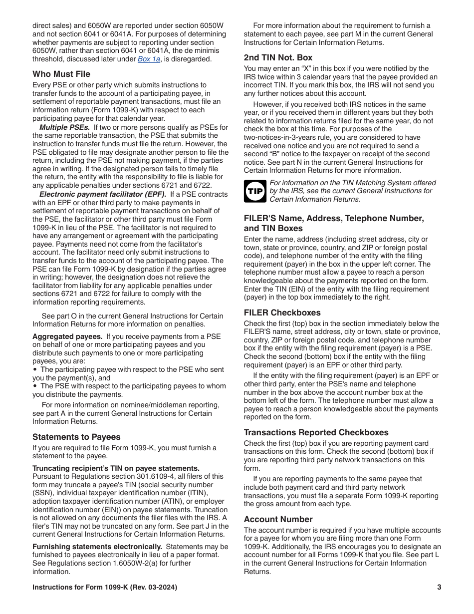 Instructions for IRS Form 1099-K Payment Card and Third Party Network Transactions, Page 3