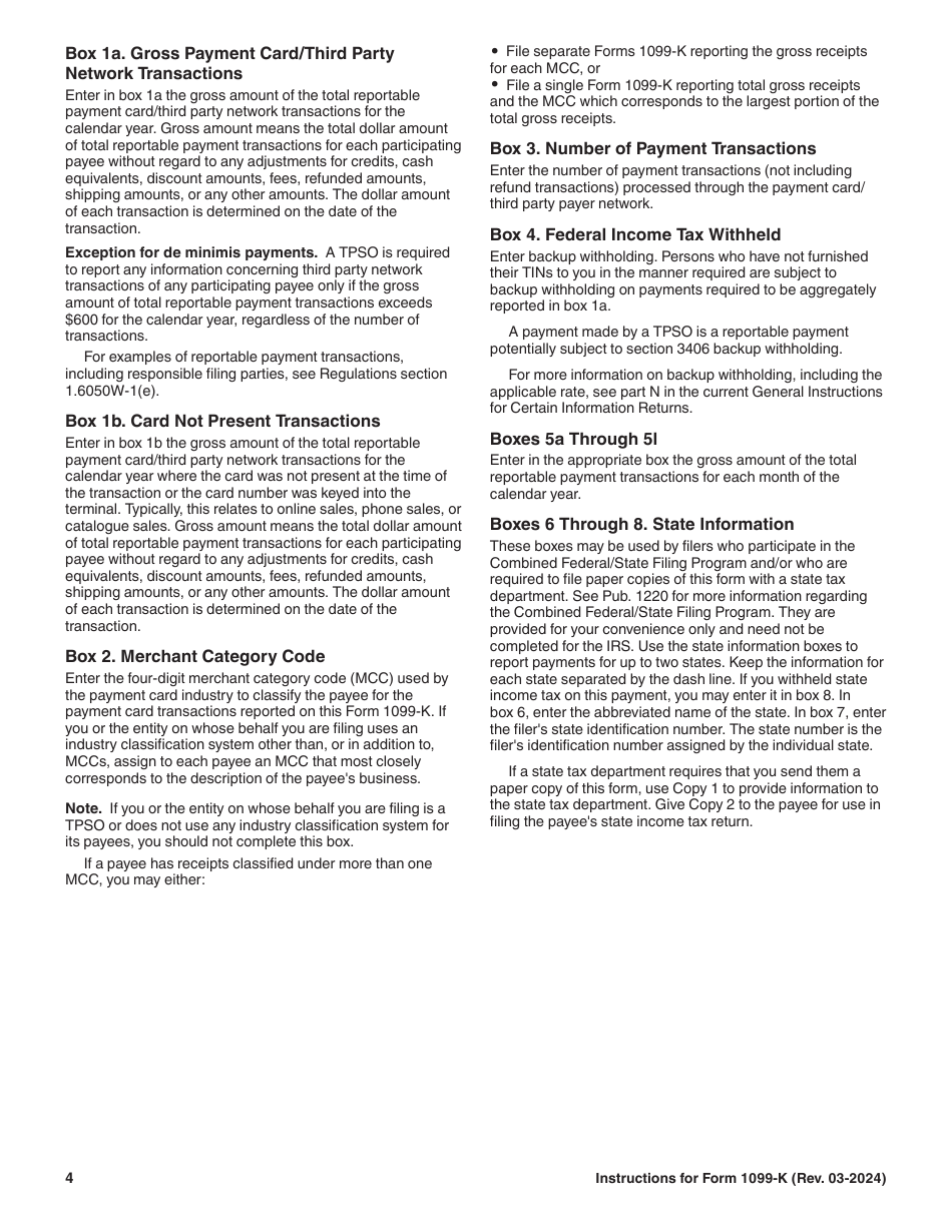 Instructions for IRS Form 1099-K Payment Card and Third Party Network Transactions, Page 4