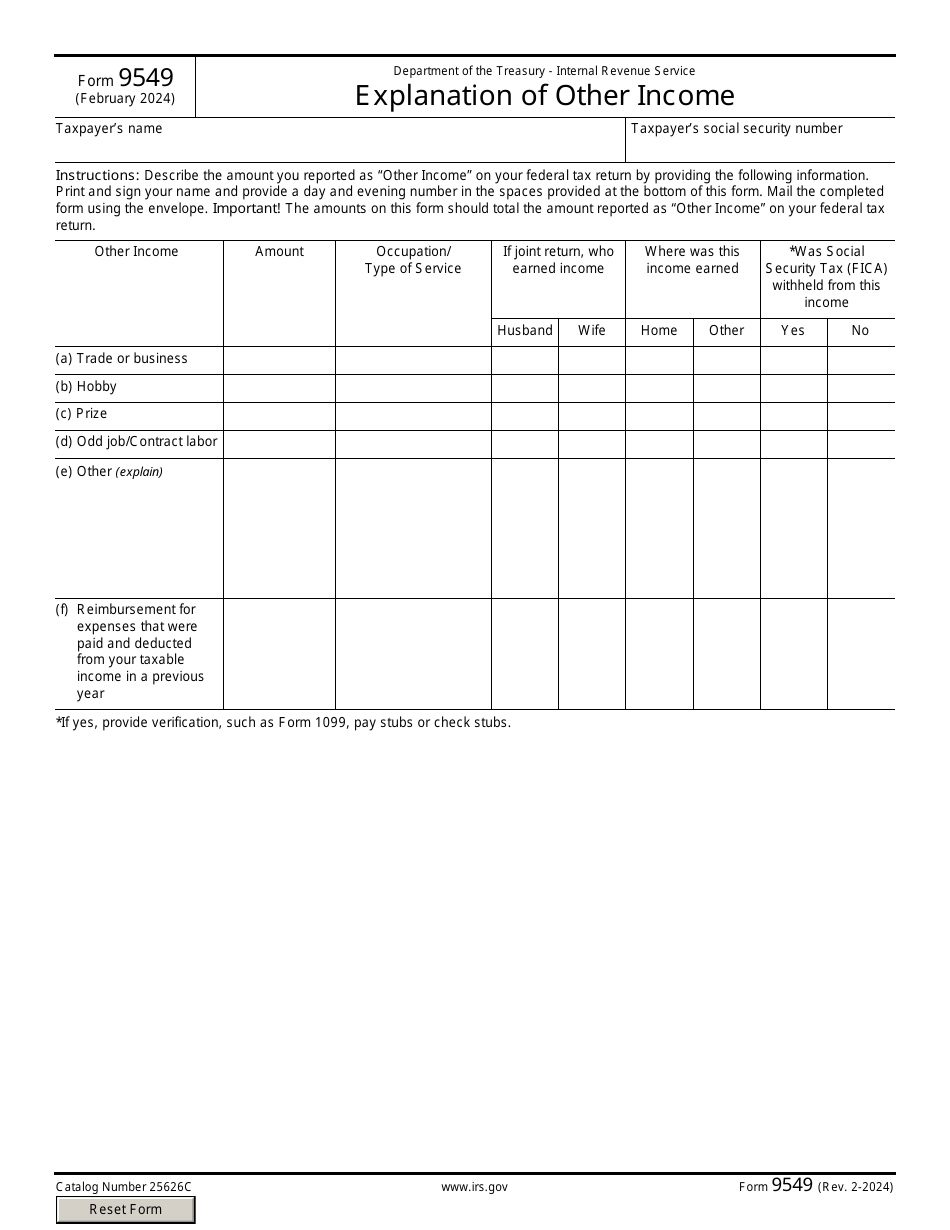 IRS Form 9549 Explanation of Other Income, Page 1