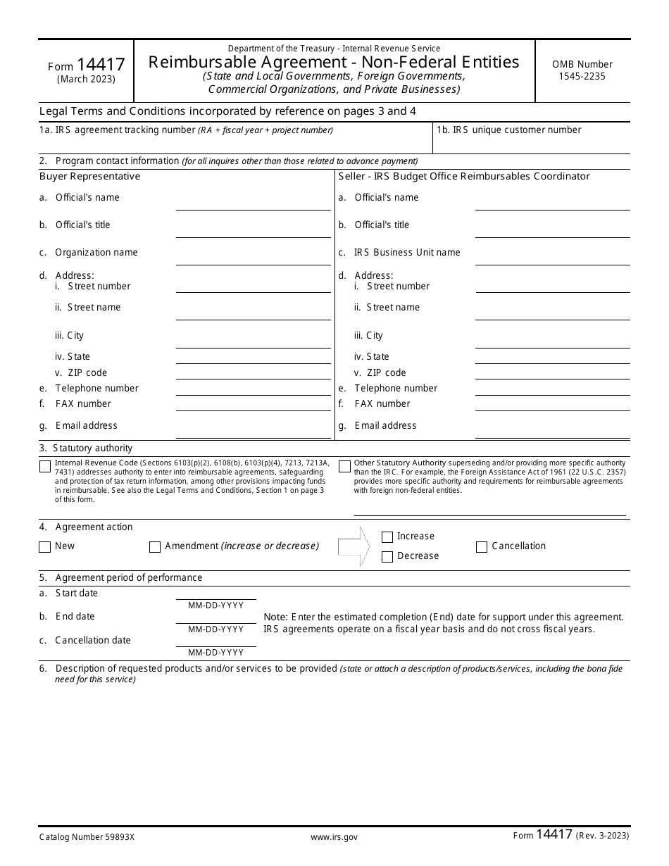 IRS Form 14417 Reimbursable Agreement - Non-federal Entities (State and Local Governments, Foreign Governments, Commercial Organizations, and Private Businesses), Page 1