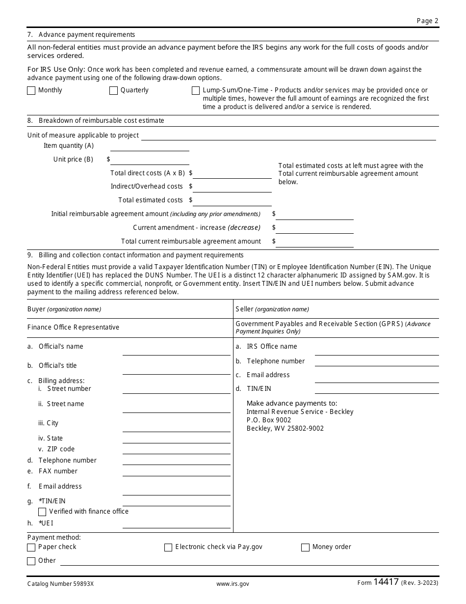 IRS Form 14417 Reimbursable Agreement - Non-federal Entities (State and Local Governments, Foreign Governments, Commercial Organizations, and Private Businesses), Page 2