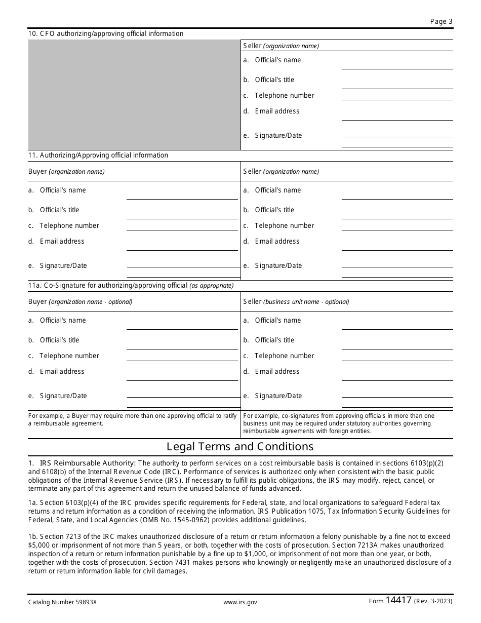 IRS Form 14417 Reimbursable Agreement - Non-federal Entities (State and Local Governments, Foreign Governments, Commercial Organizations, and Private Businesses), Page 3