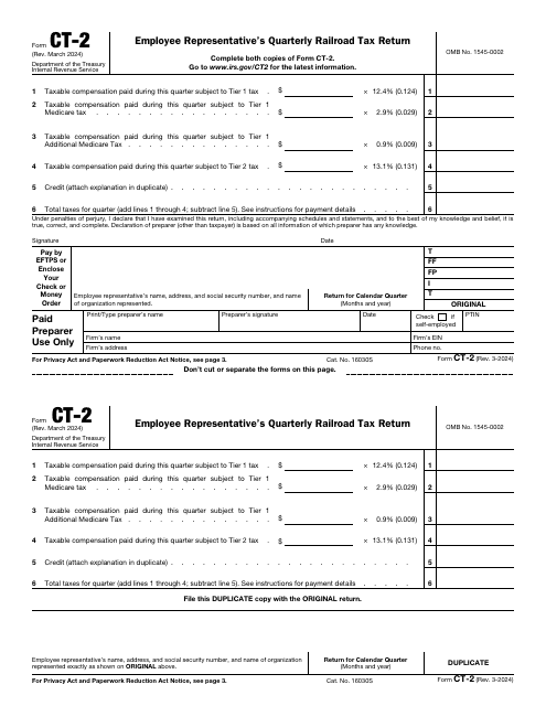 IRS Form CT-2 Employee Representative's Quarterly Railroad Tax Return