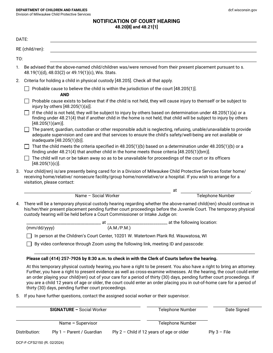 Form DCF-F-CFS2150 Notification of Court Hearing - Wisconsin, Page 1