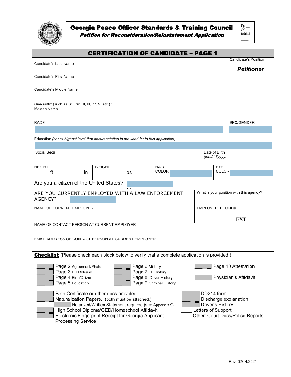 Petition for Reconsideration / Reinstatement Application - Georgia (United States), Page 1