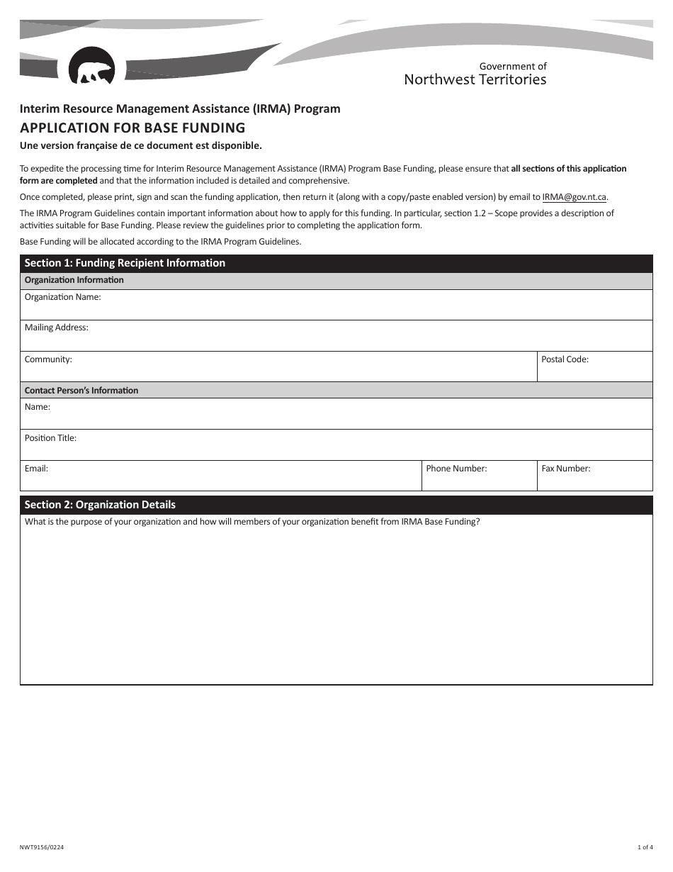 Form NWT9156 Application for Base Funding - Interim Resource Management Assistance (Irma) Program - Northwest Territories, Canada, Page 1